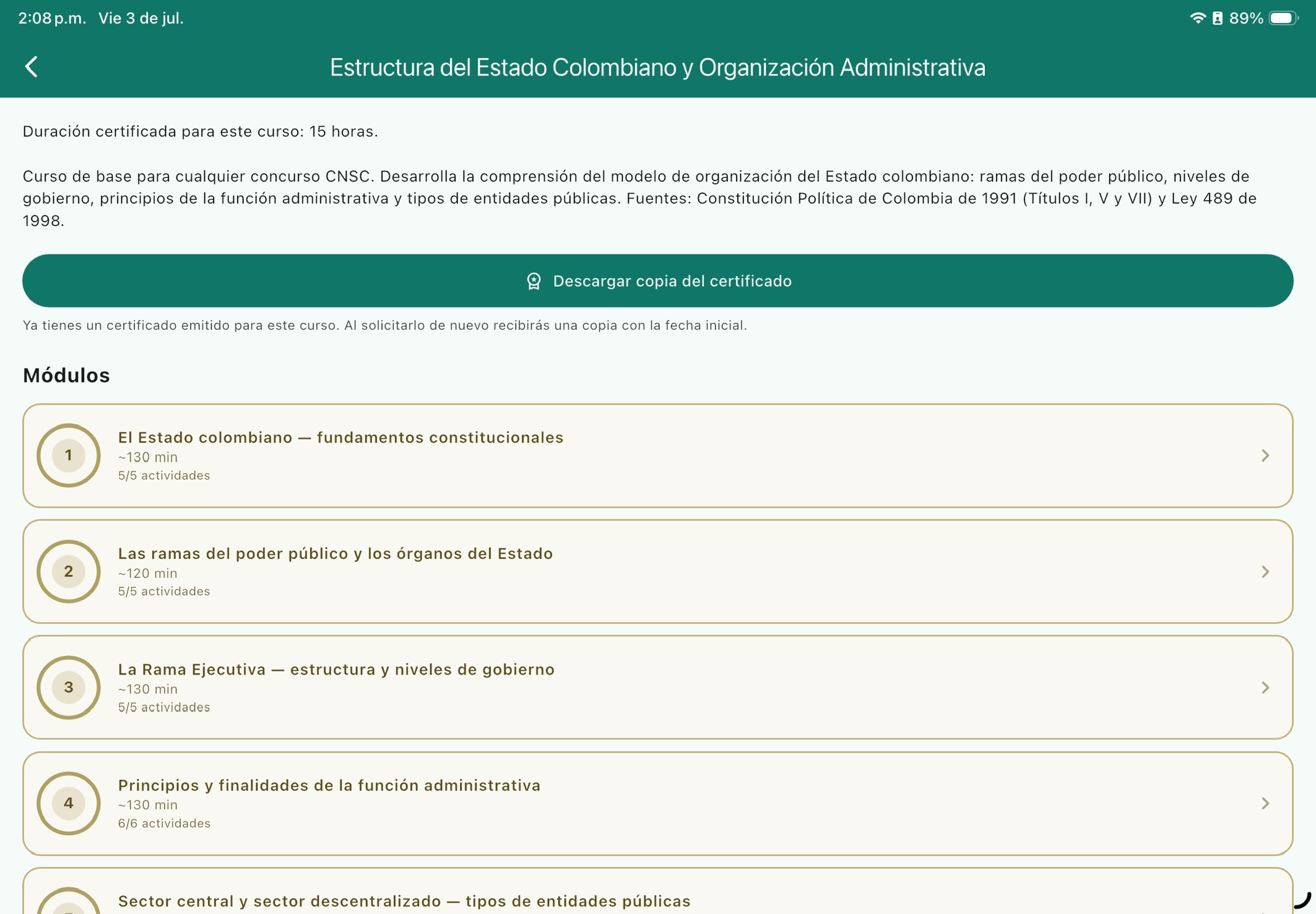 Curso informal con módulos, lecturas y actividades en Elegibles