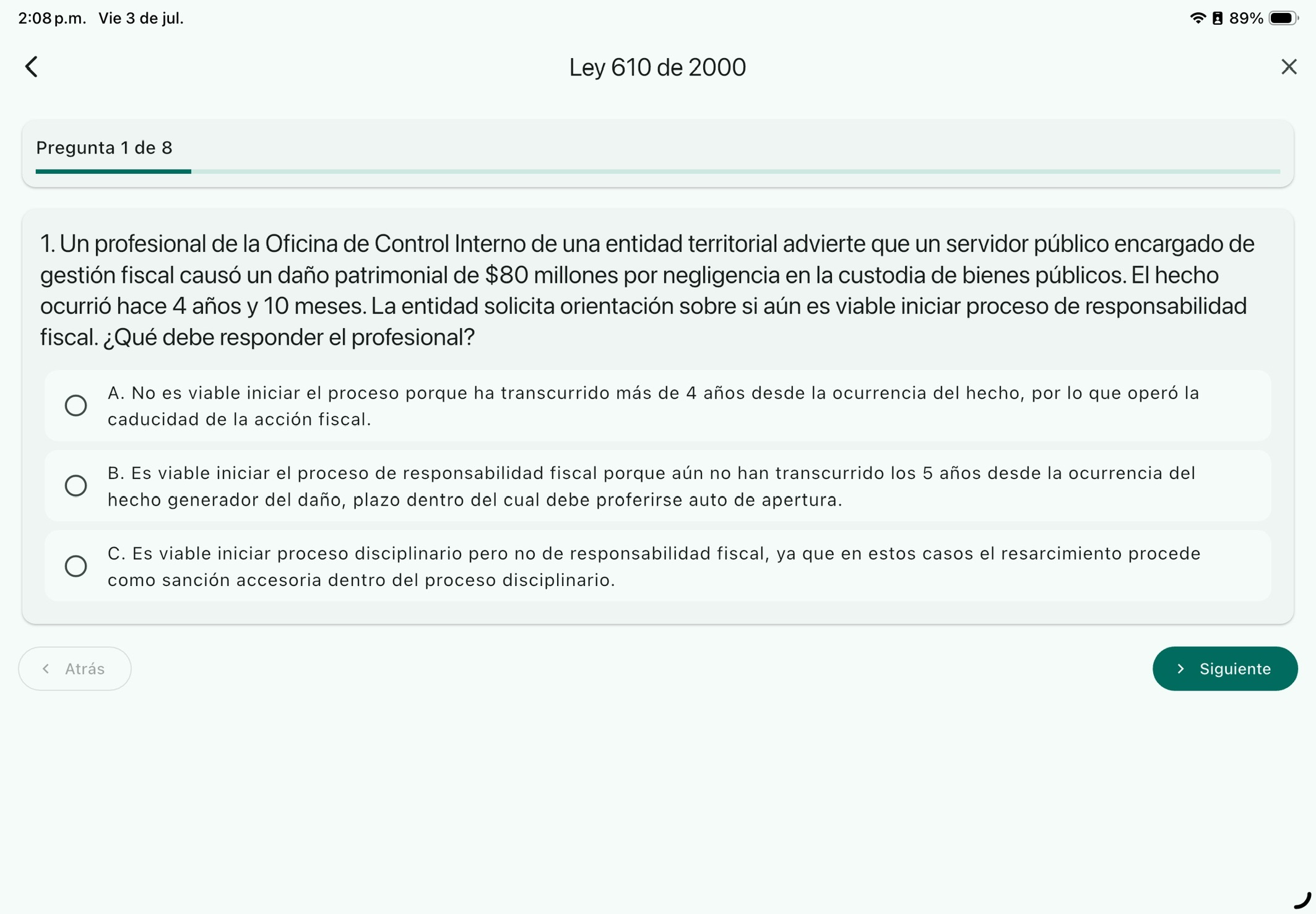 Pregunta de simulacro con opciones de respuesta